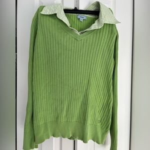Izod Green V-Neck Sweater Ribbed Knit
